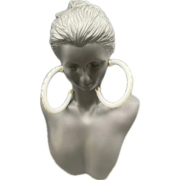 Vince Camuto Large White Metal Gold Round Studded Accent Open Hoop Post Earrings - Picture 2 of 4